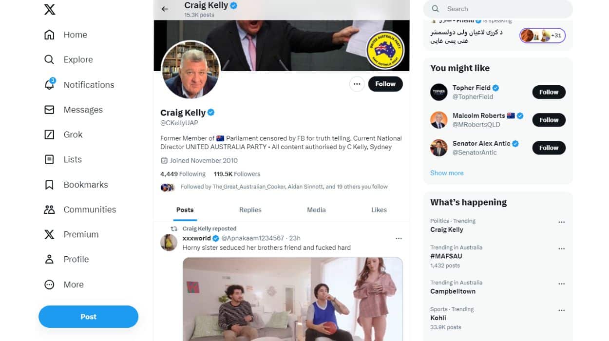 Clive Palmer’s ex-MP cooker mate Craig Kelly retweeted a rather salacious post